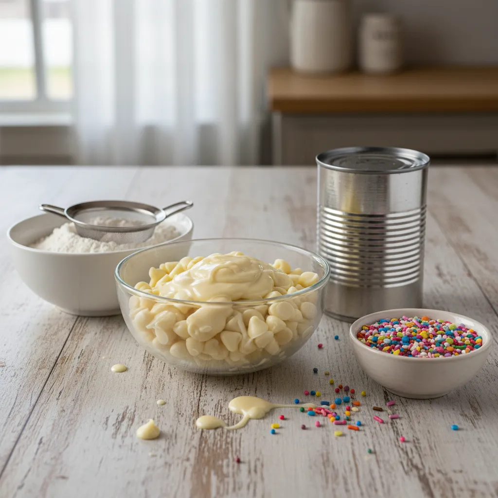 White chocolate chips, condensed milk, and sprinkles mise en place