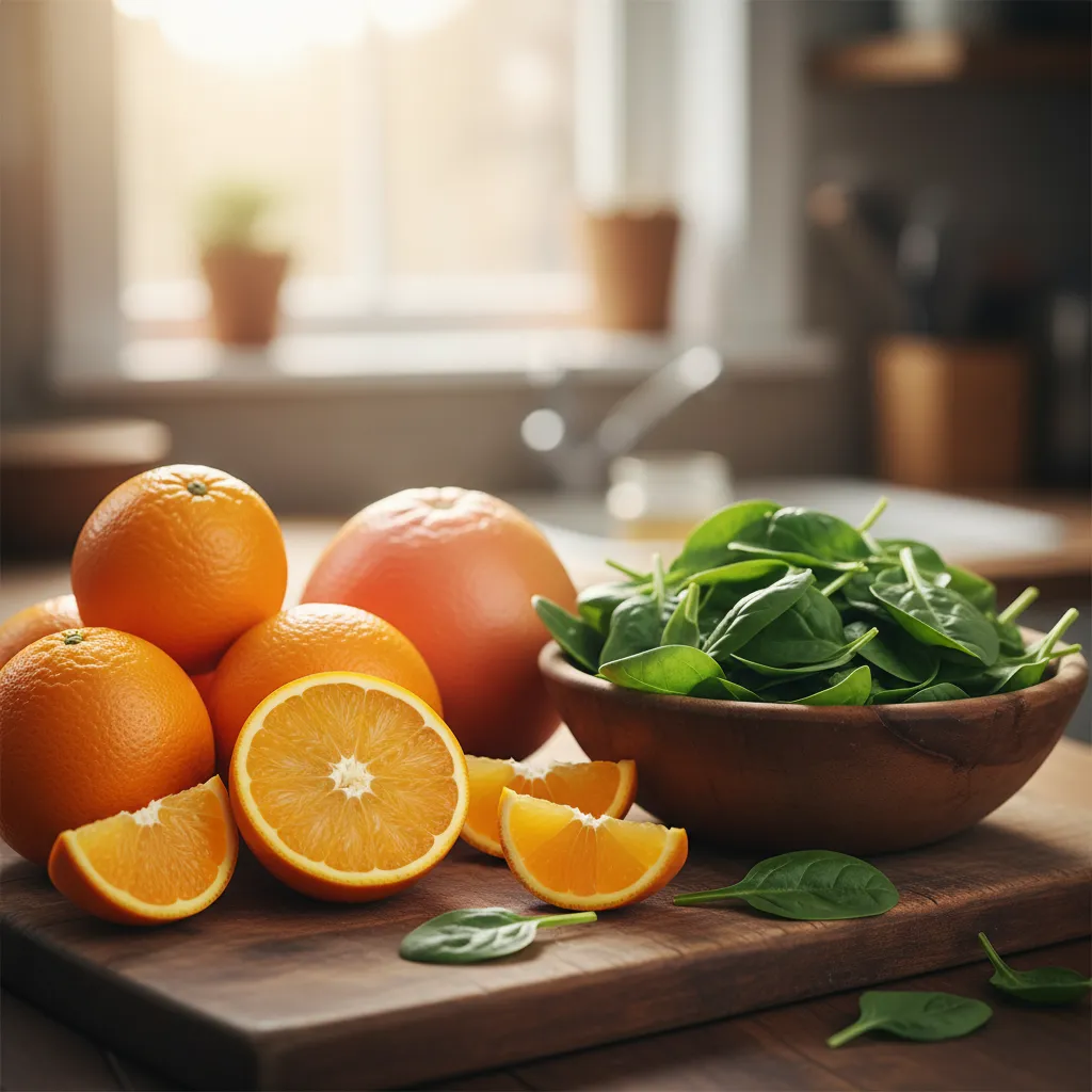 Fresh citrus fruits and baby spinach for cold pressing