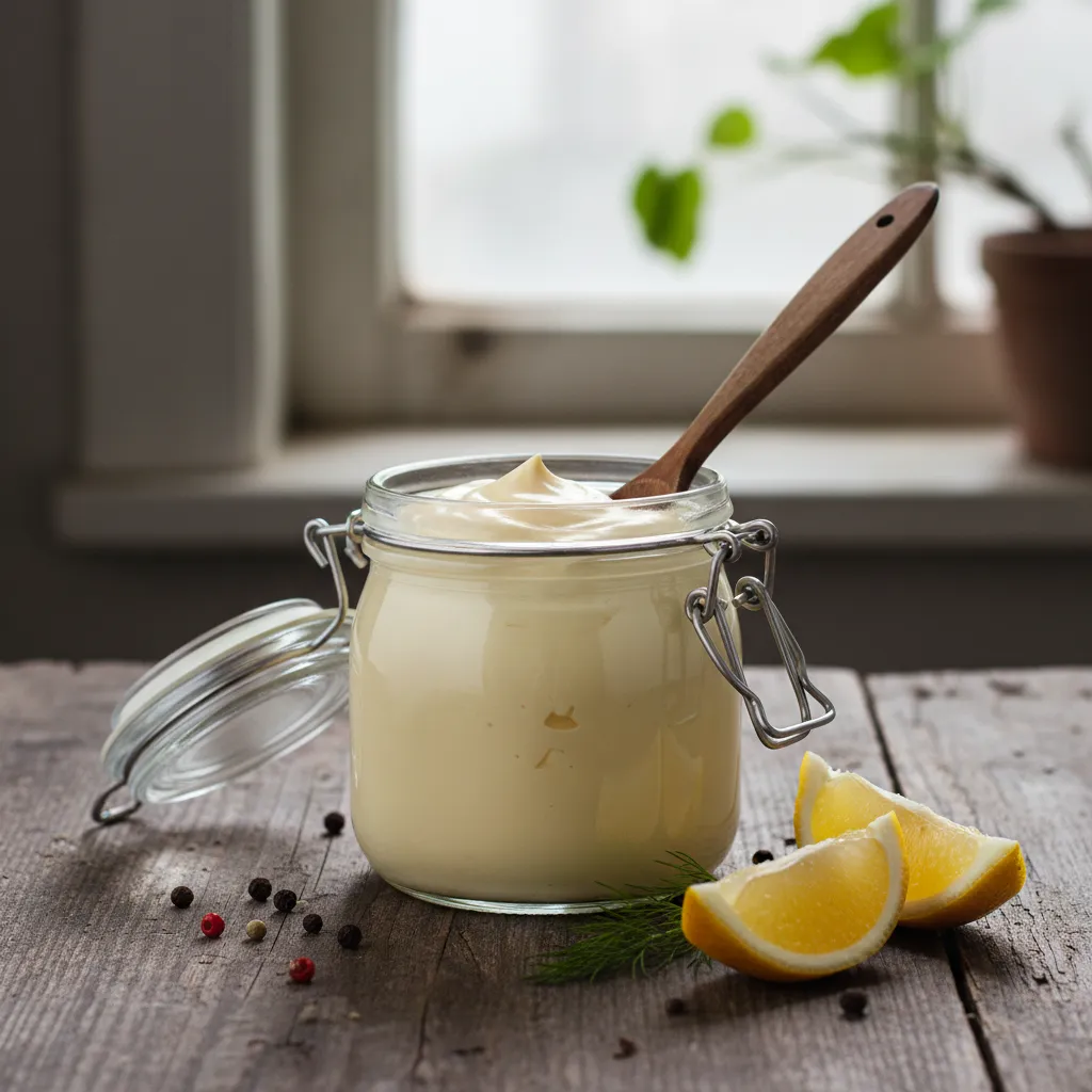 Creamy homemade mayonnaise in a glass jar with a wooden spoon