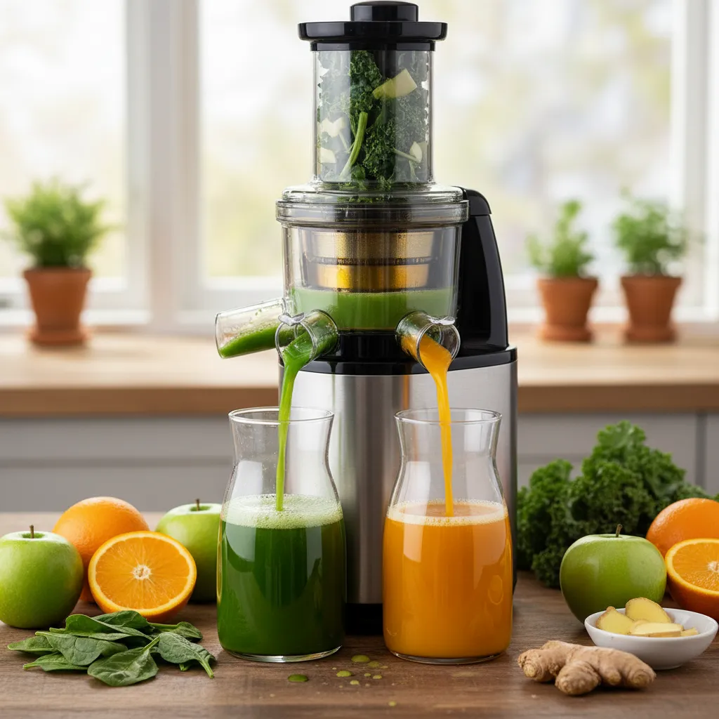 Cold press juicer extracting Vitamin C rich juice for skin care