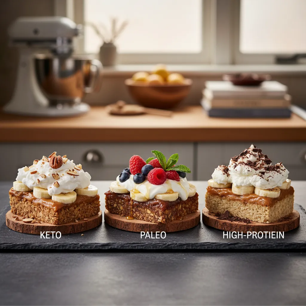 Three types of healthy banoffee pie slices displayed on a slate serving board