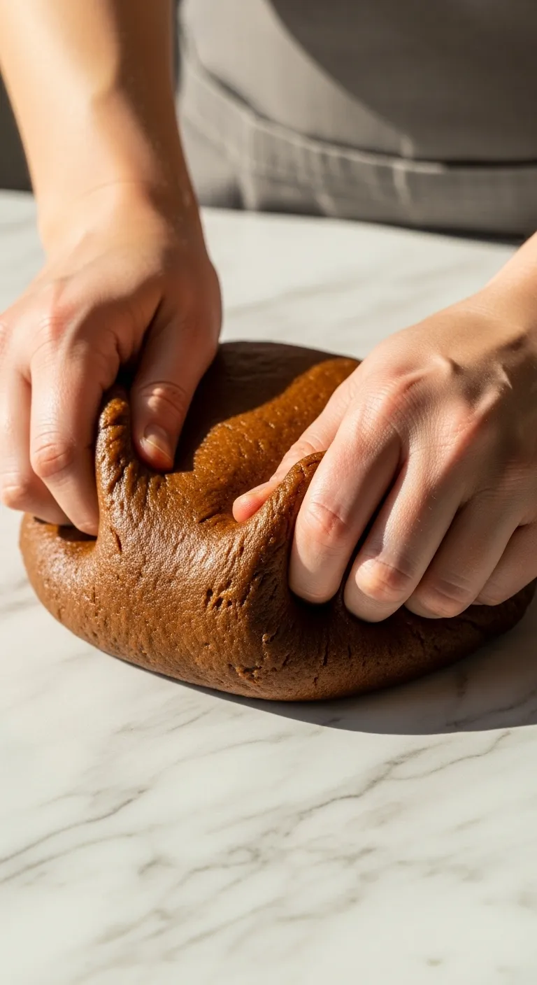 Baker hands kneading pliable dark gingerbread dough on a marble surface