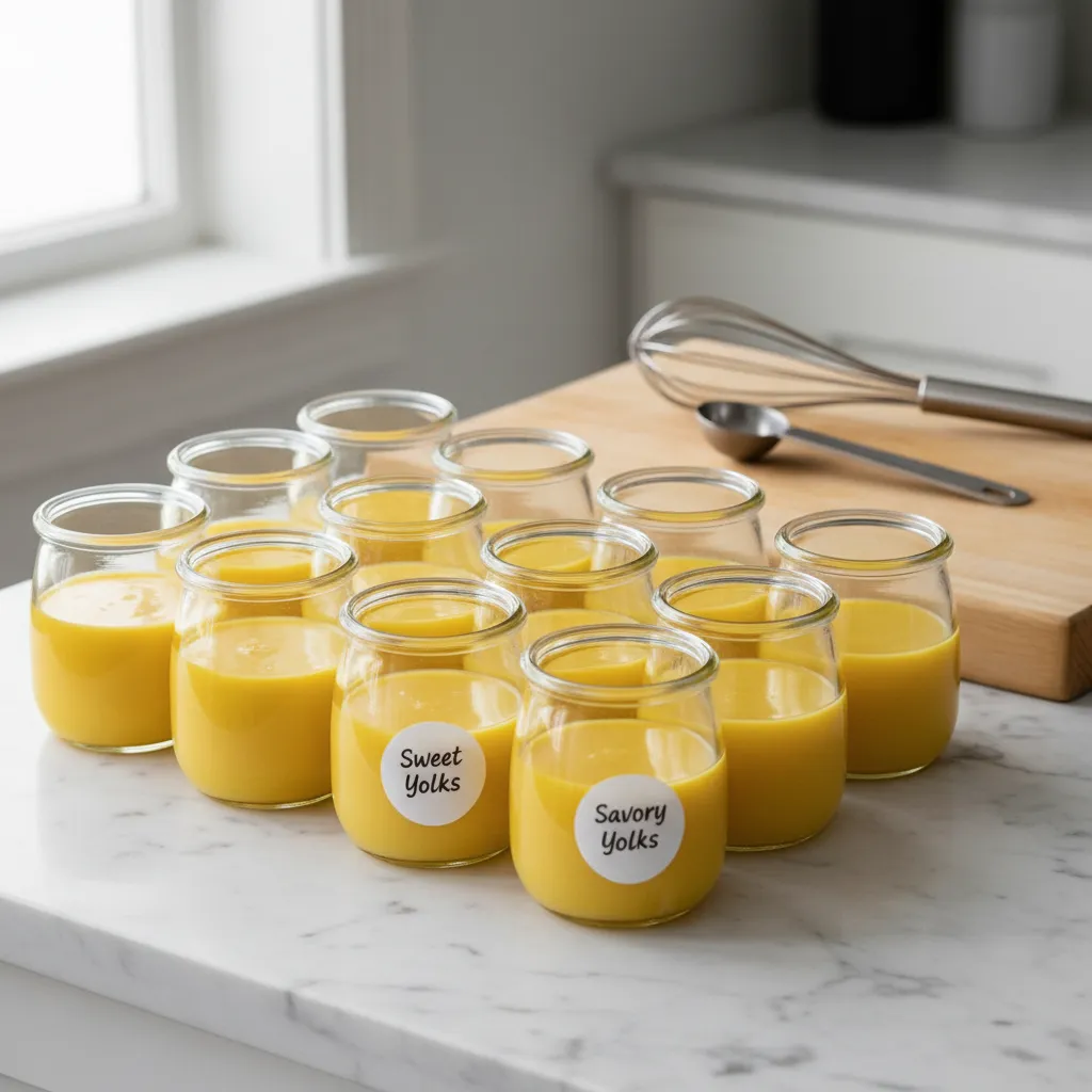 Airtight containers labeled sweet and savory filled with prepared egg yolks ready for freezing