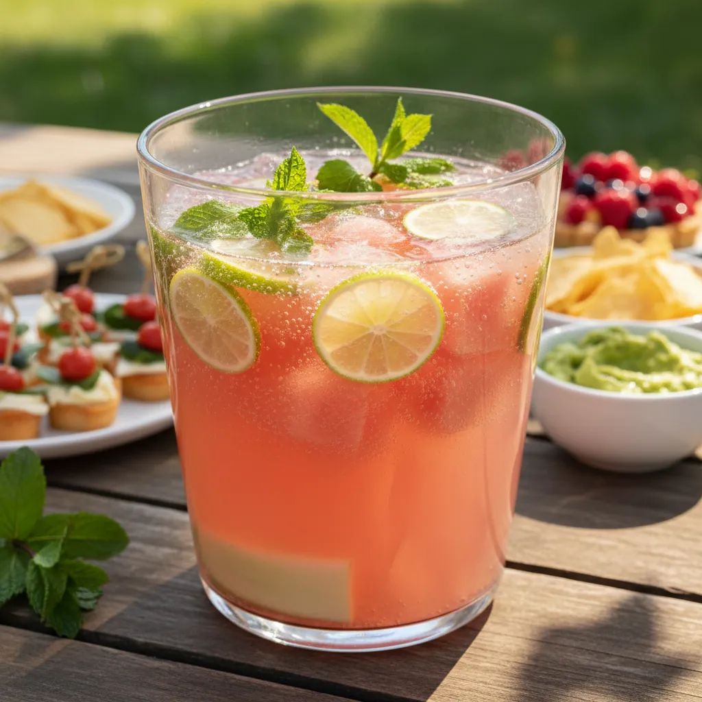 A large punch bowl of sparkling watermelon limeade for a crowd