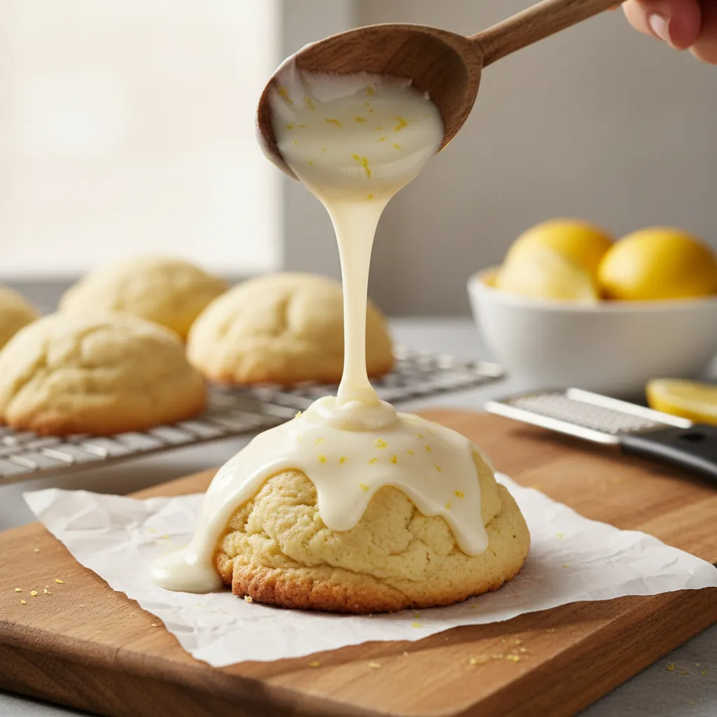 Thick lemon glaze being drizzled over soft ricotta cookies.