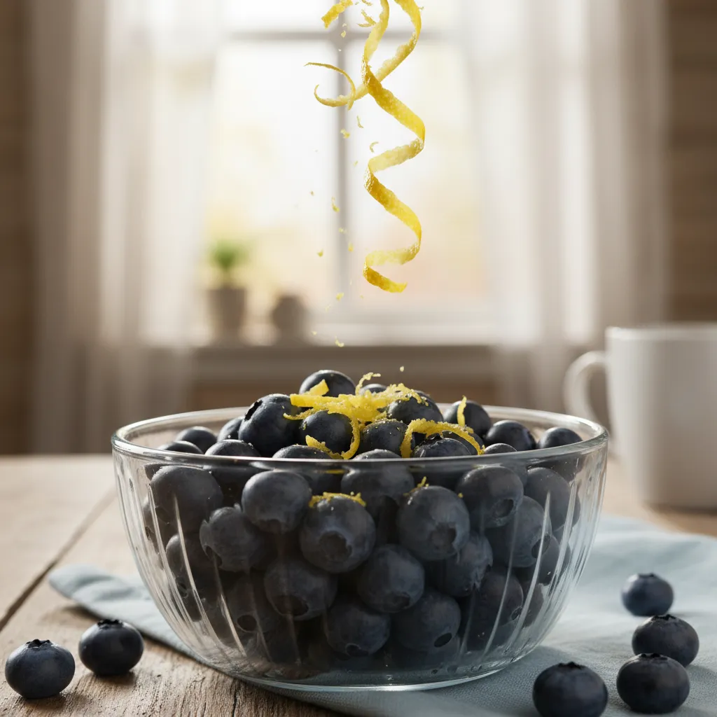 Close up of lemon zest and fresh blueberries for a coffee cake recipe.