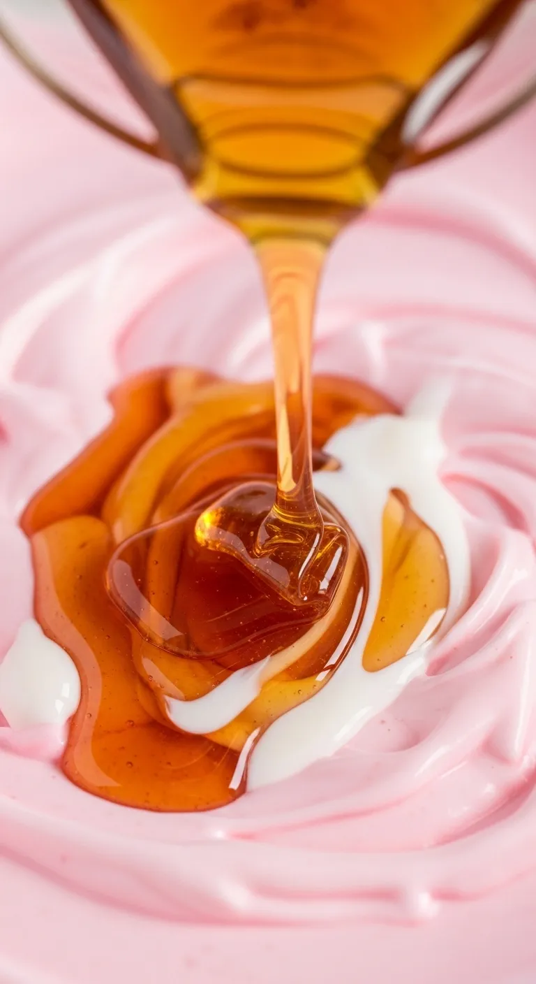 Pouring liquid sweetener into strawberry ice cream base