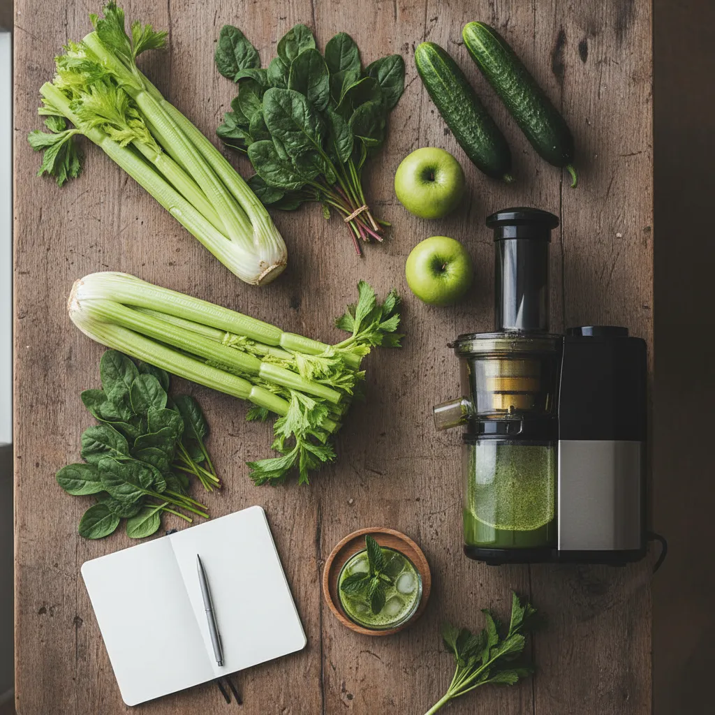 Fresh green vegetables and a cold press juicer on a table for hormonal balance juicing.