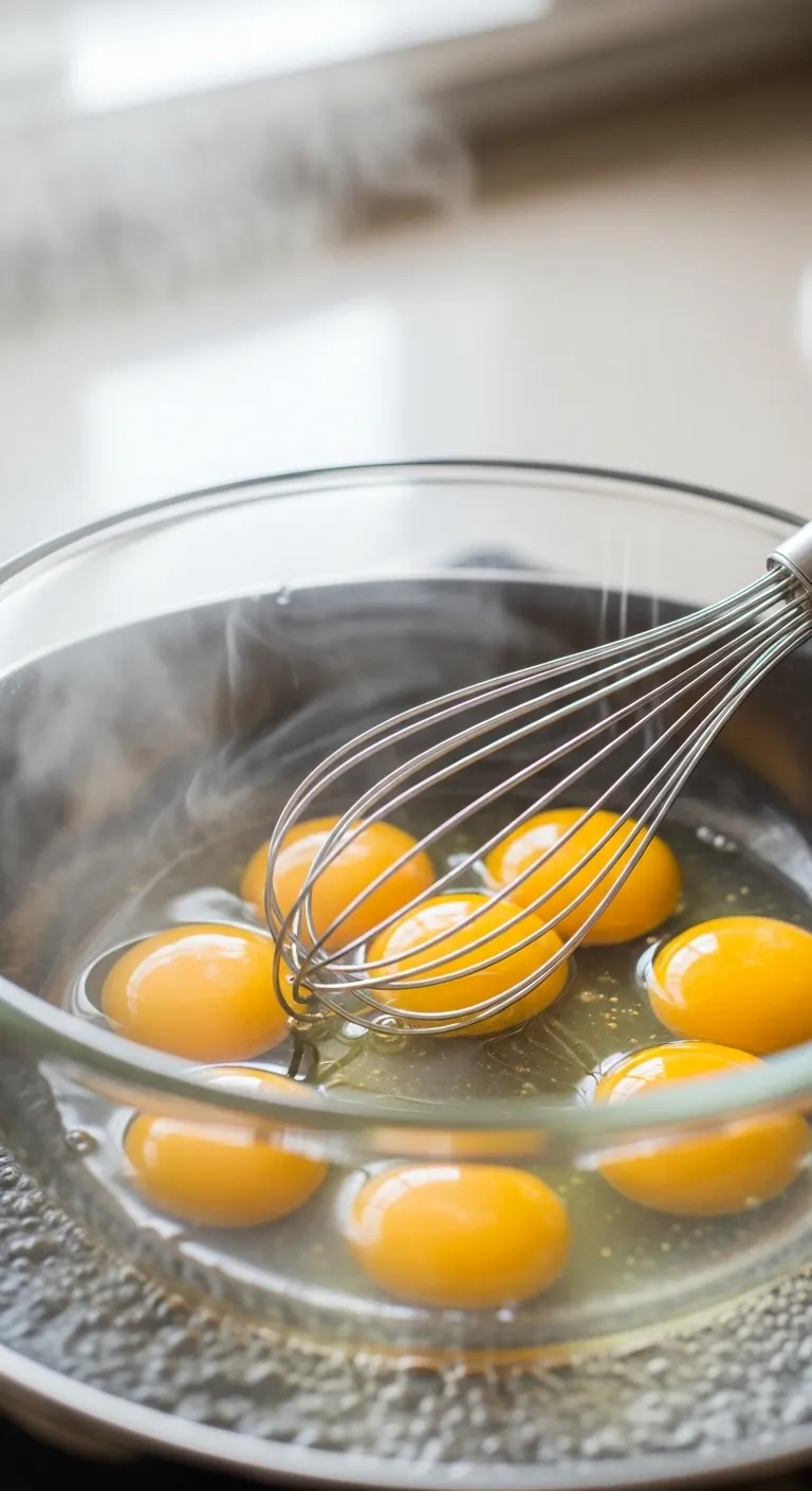 Whisking egg yolks in a glass bowl over simmering water for hollandaise