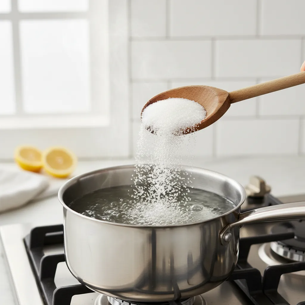 Stirring sugar into boiling water to make simple syrup