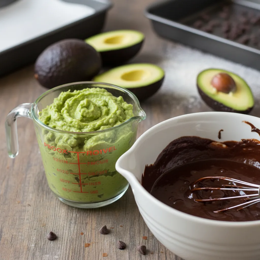 Glass measuring cup with mashed avocado for baking