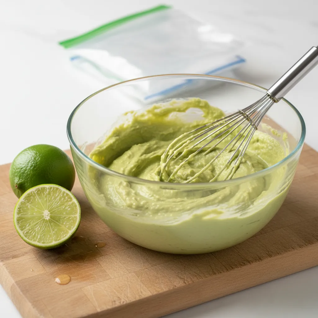 Glass bowl containing mashed avocado mixed with lime juice