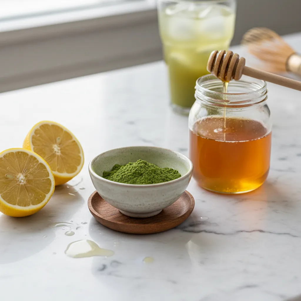 Bowls of matcha powder, honey, and fresh lemons on a marble surface.