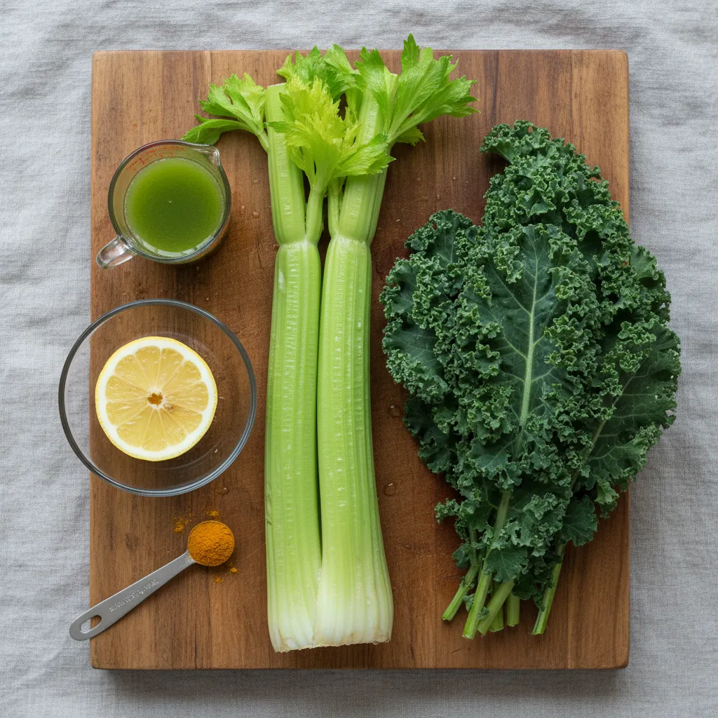 Celery, lemon, and kale prepared for juicing