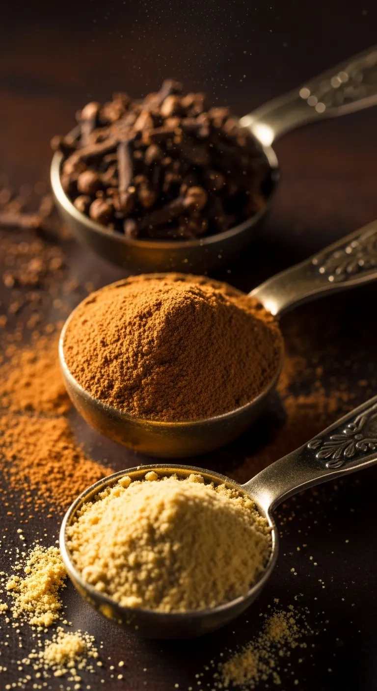 Antique spoons holding ground ginger cinnamon and cloves