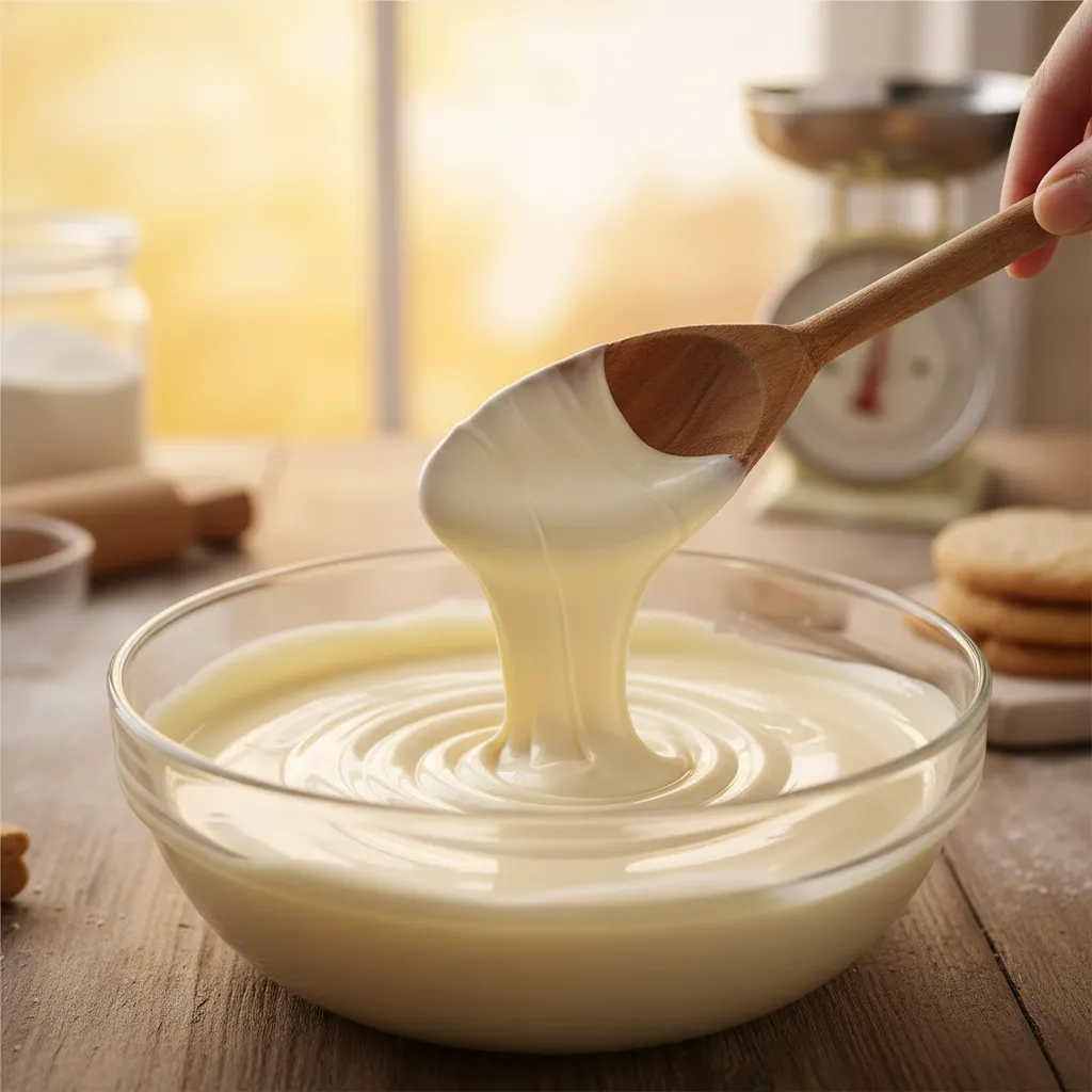 smooth melted white chocolate in a glass bowl for fudge making