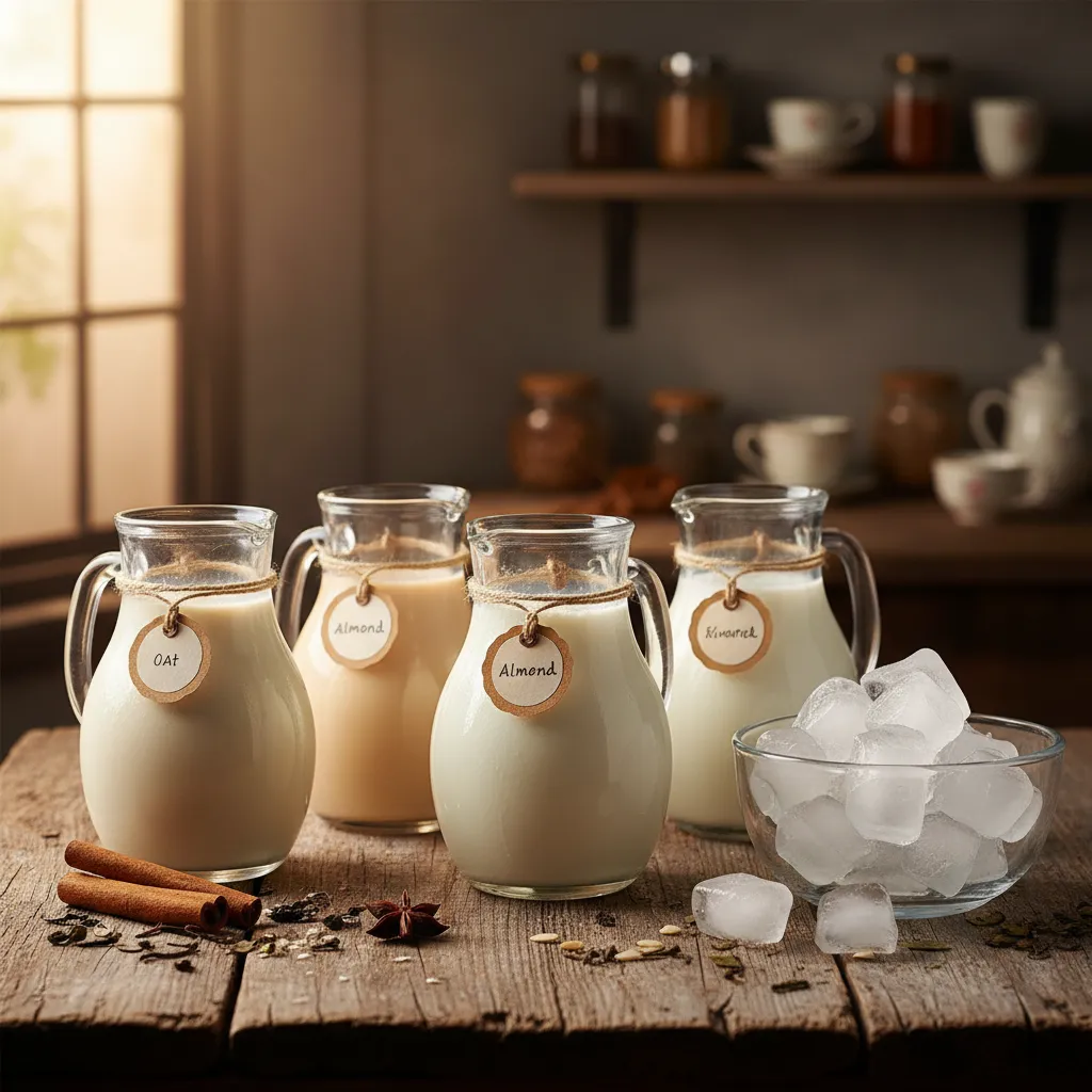 Various milk types and ice displayed for chai latte texture comparison