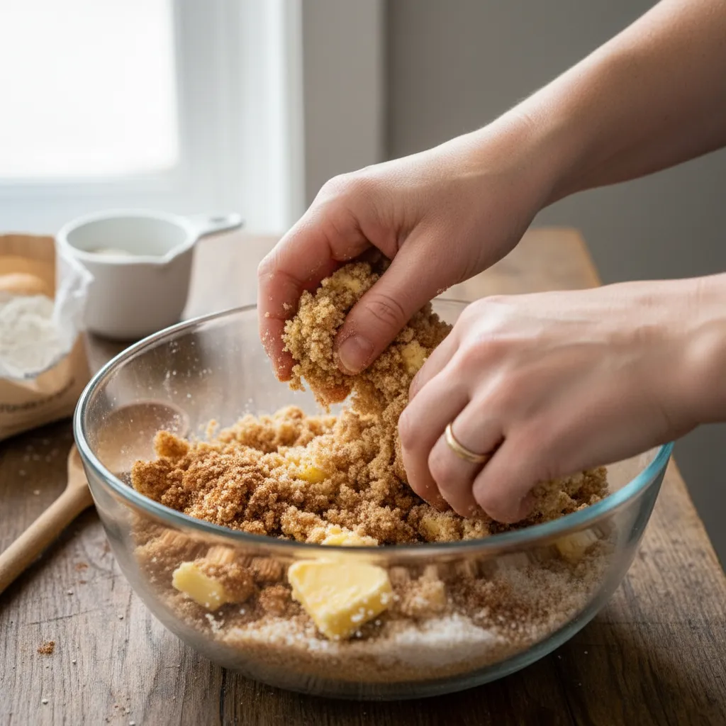 Hands mixing butter and cinnamon sugar to create a crumbly streusel topping
