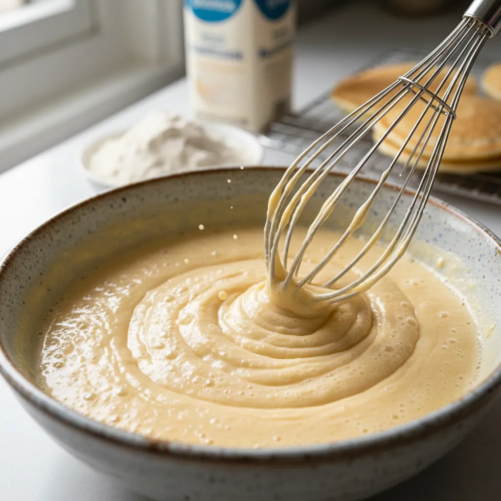 Close up of bubbly pancake batter being stirred
