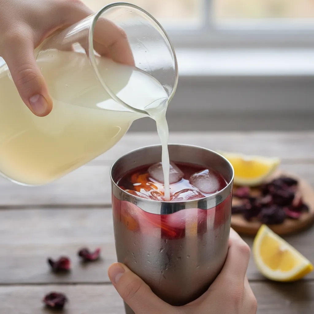 Pouring lemonade into hibiscus tea to make a Starbucks copycat drink