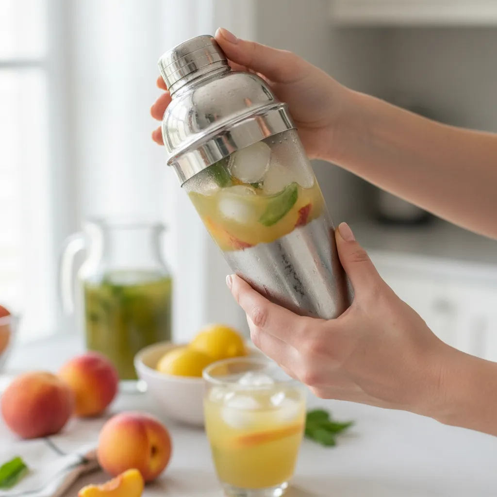 A person shaking a drink shaker to mix peach tea