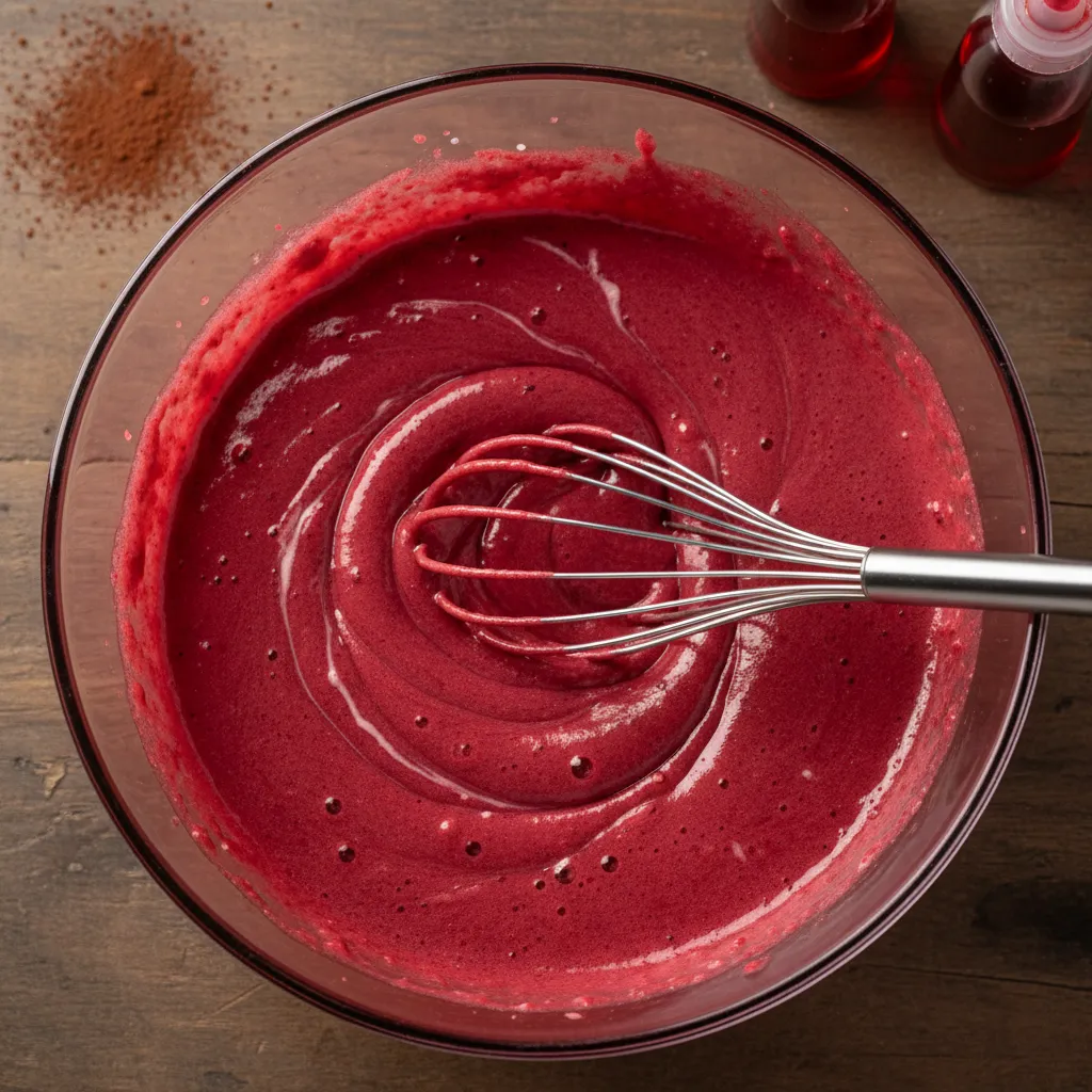 Whisk stirring bright red cake batter in a bowl