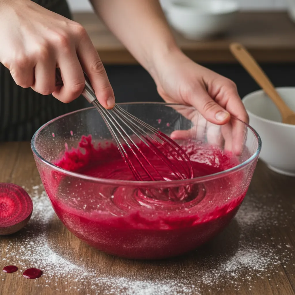 Mixing red velvet cake batter colored with beet juice