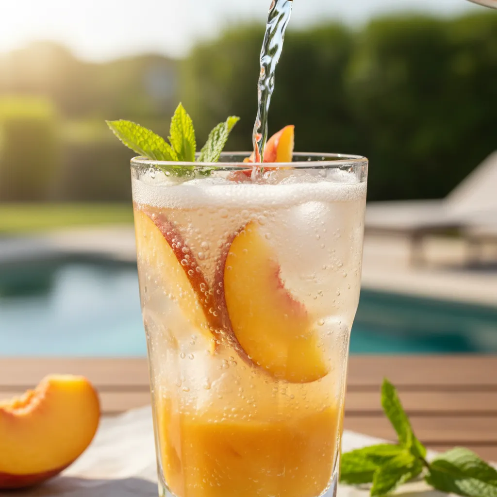 Sparkling water being poured into a peach drink base