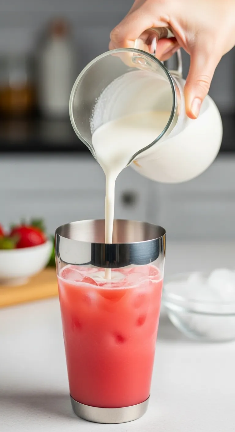 Pouring coconut milk into a drink shaker.