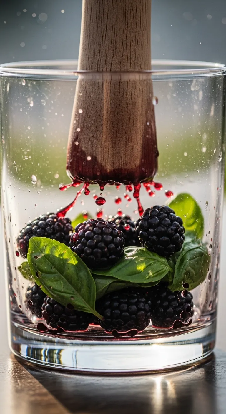 Close-up of berries and basil being muddled in a glass to release juices and oils.