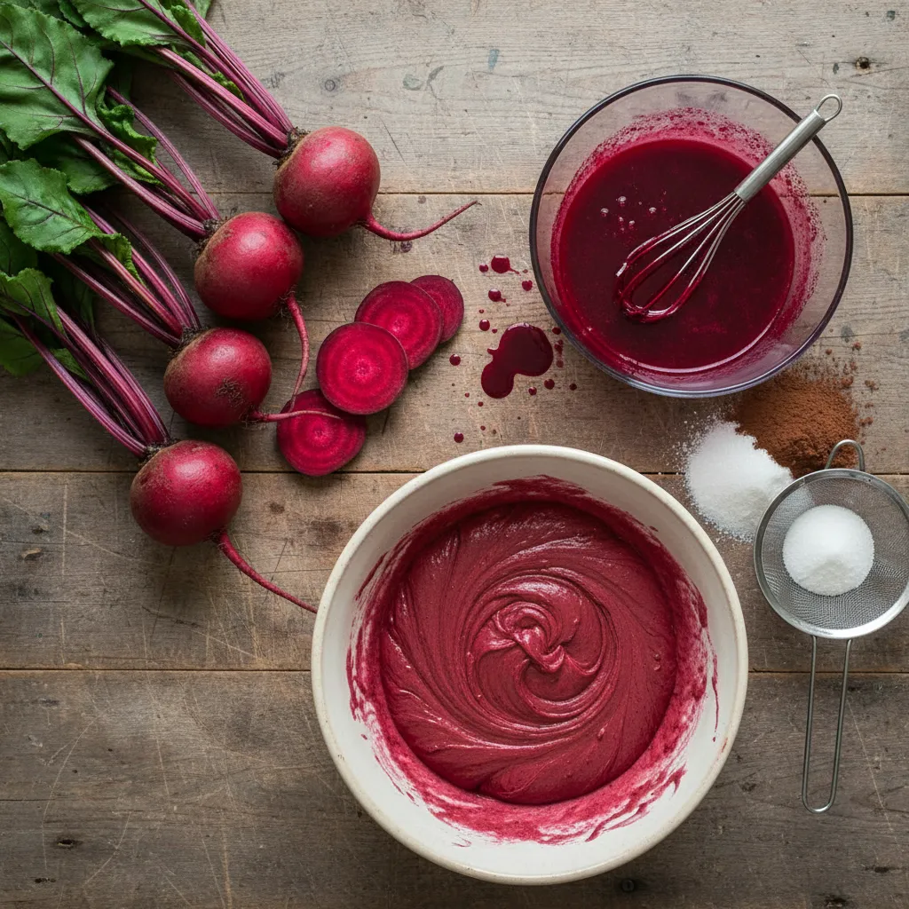 Raw ingredients for natural red velvet cake including beet juice and cocoa