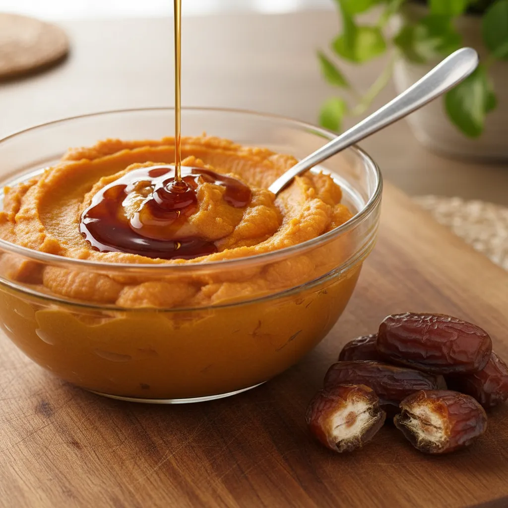 Maple syrup and dates being used as natural sweeteners for sweet potato puree