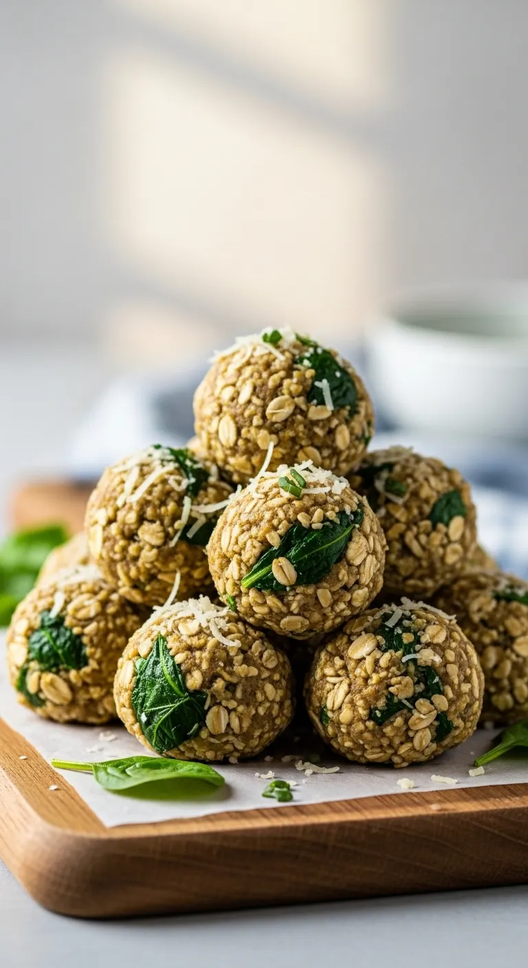Savory toddler oat bites with spinach and cheese on a wooden board