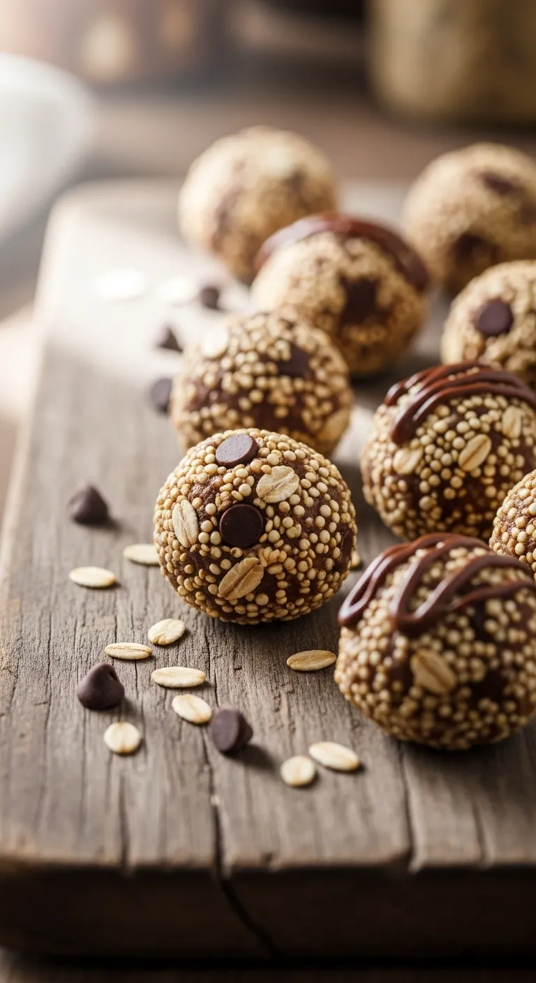 No bake energy bites with rolled oats and quinoa on a wooden board