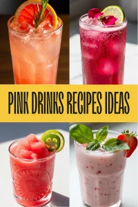 Two glasses of non alcoholic pink drink recipes, one sparkling hibiscus and one creamy strawberry basil, garnished with fresh herbs and flowers.