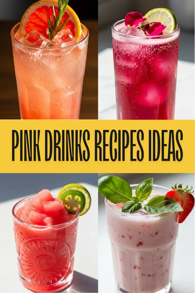 Two glasses of non alcoholic pink drink recipes, one sparkling hibiscus and one creamy strawberry basil, garnished with fresh herbs and flowers.