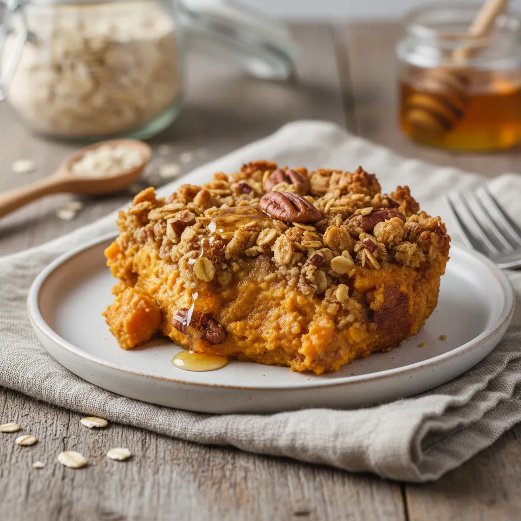 A single serving of honey oat sweet potato casserole on a white plate