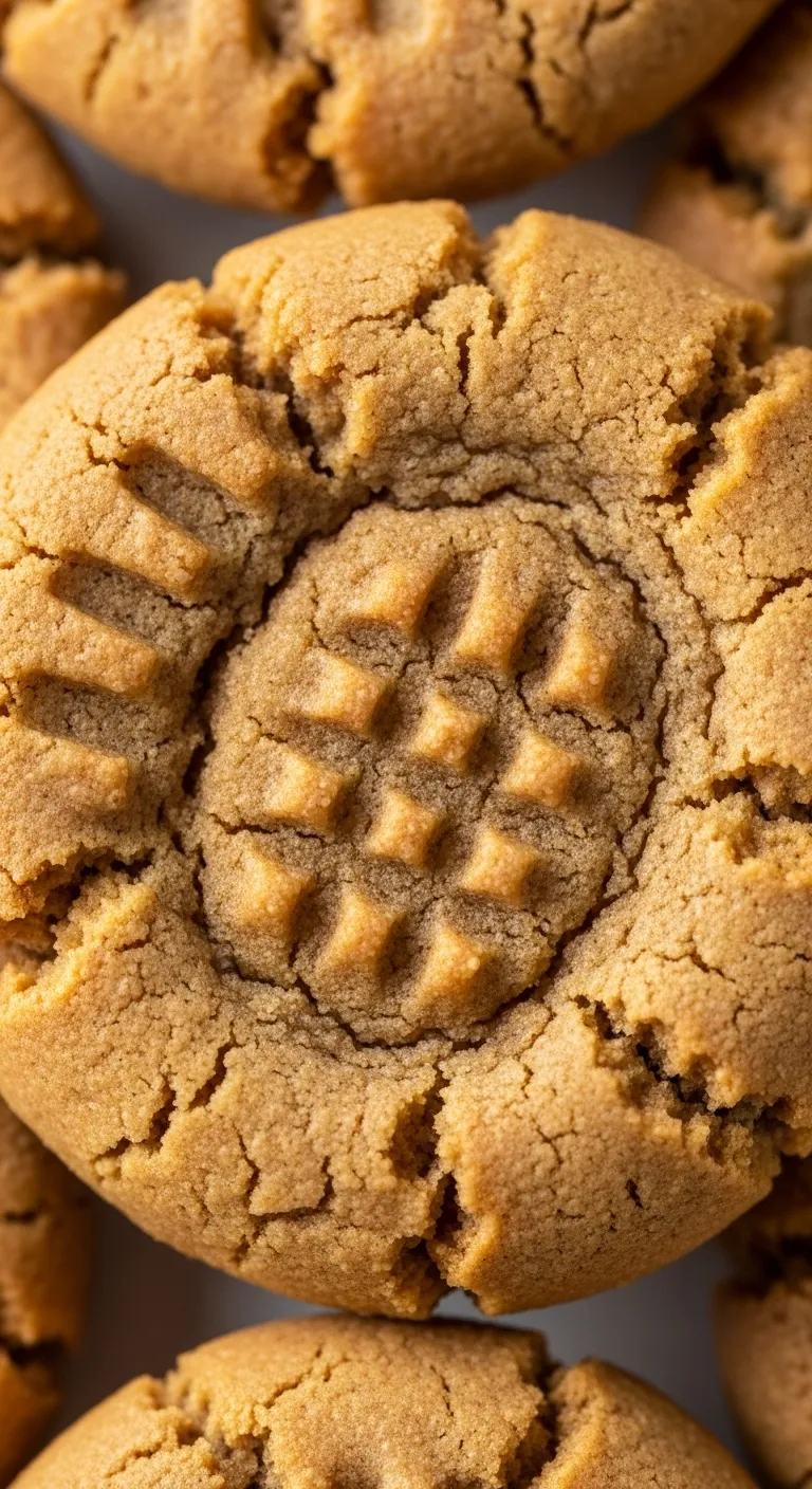 Close up texture of chewy oat flour peanut butter blossom cookie
