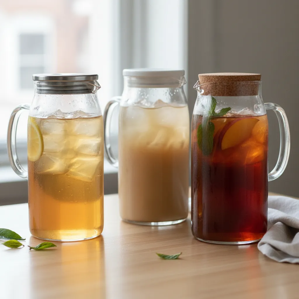 A variety of glass pitchers and airtight jars containing fresh iced tea.