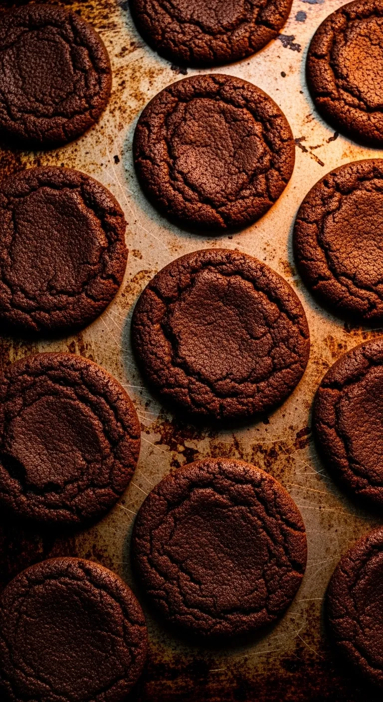 Flattened gingerbread cookies on a baking sheet