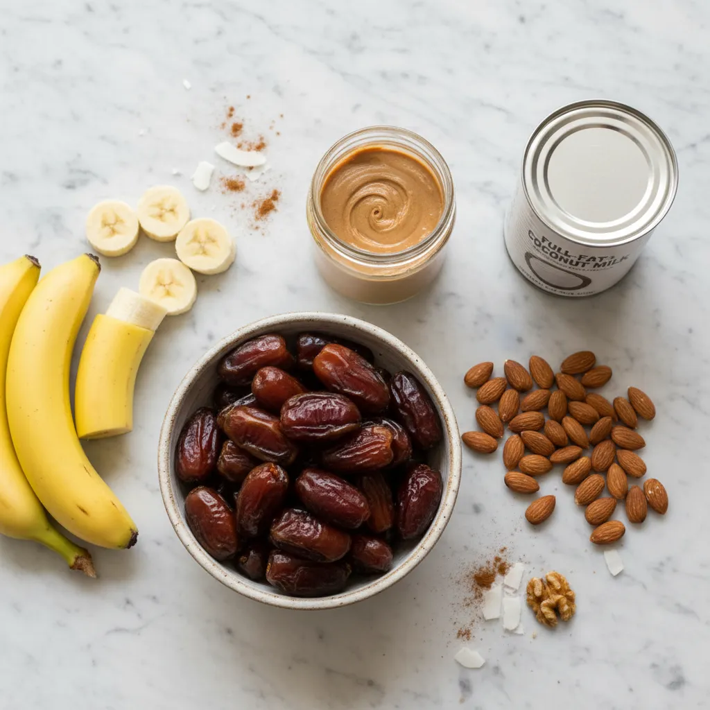 Ingredients for paleo banoffee including medjool dates nuts and coconut milk