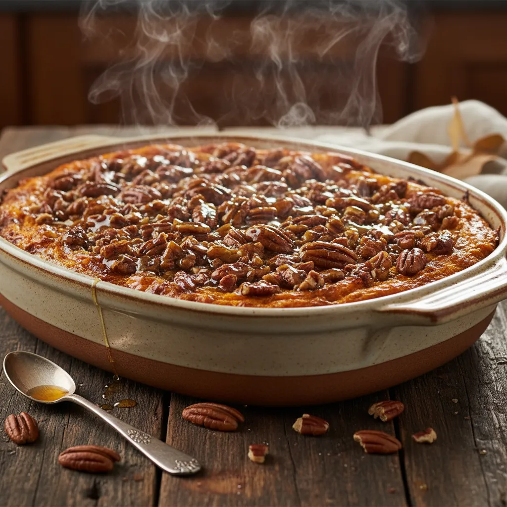 Healthy paleo sweet potato casserole with toasted pecan topping