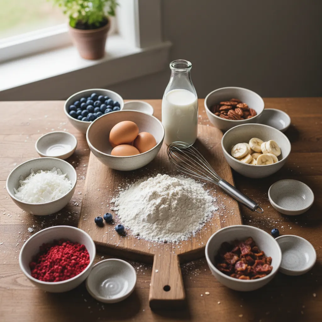 Bowls of flour, milk, and pancake toppings arranged on a counter.