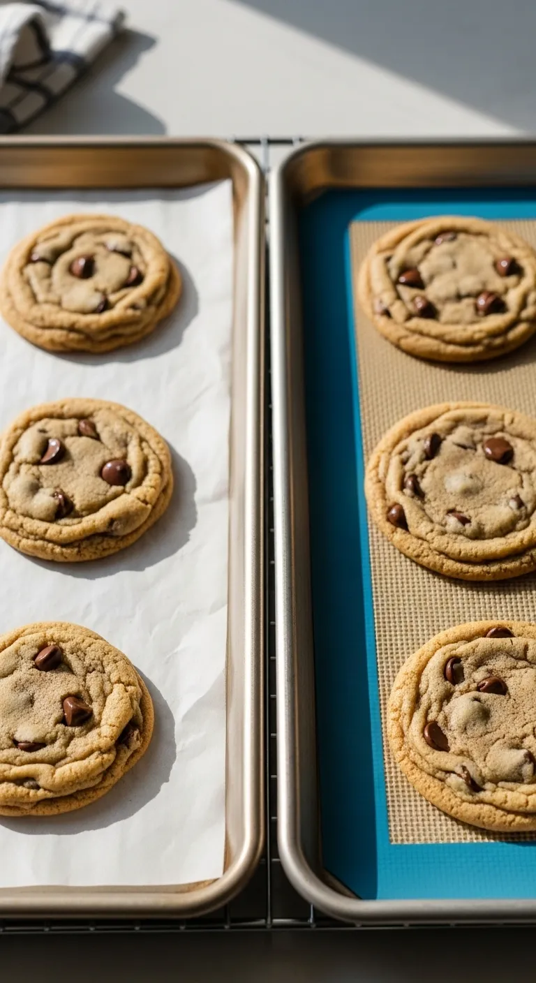 Side by side comparison of cookies baked on parchment paper versus silicone baking mat