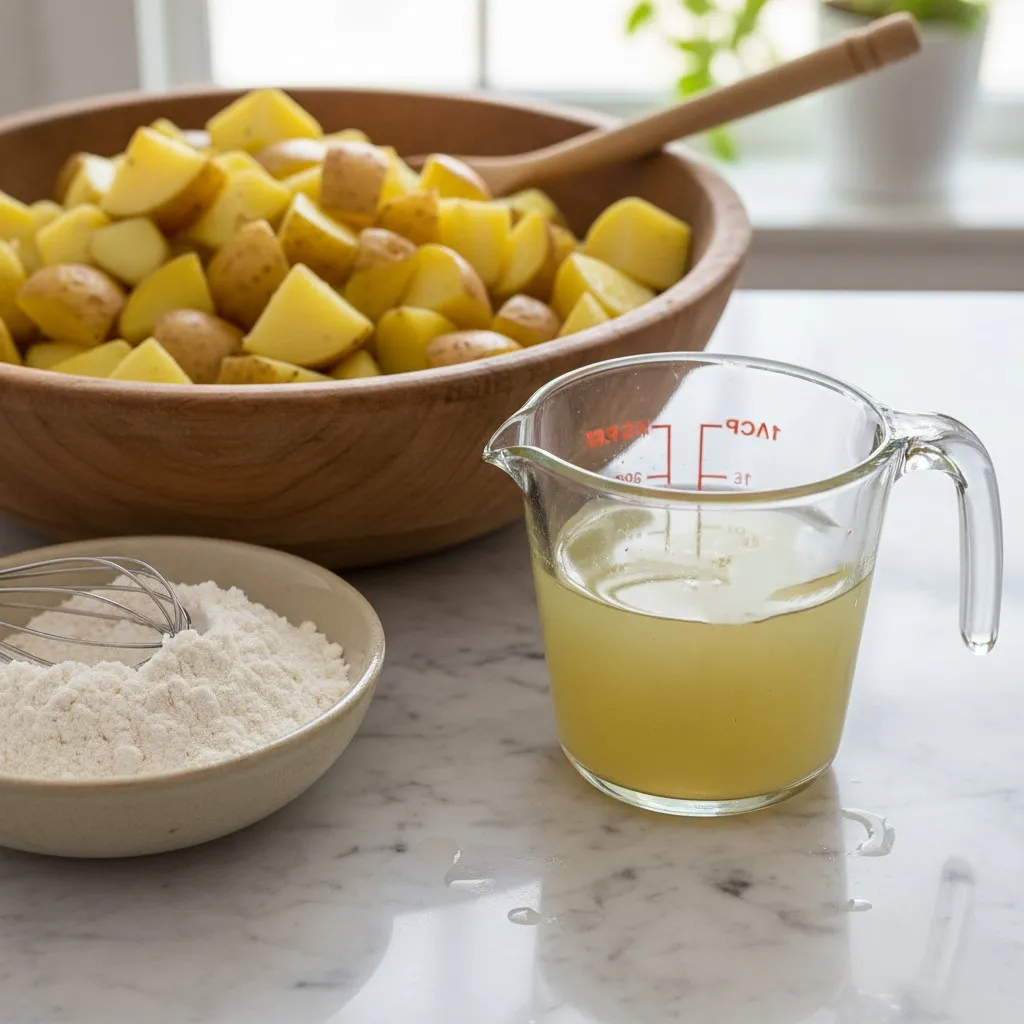 Glass measuring cup with pickle brine next to baking ingredients and potatoes