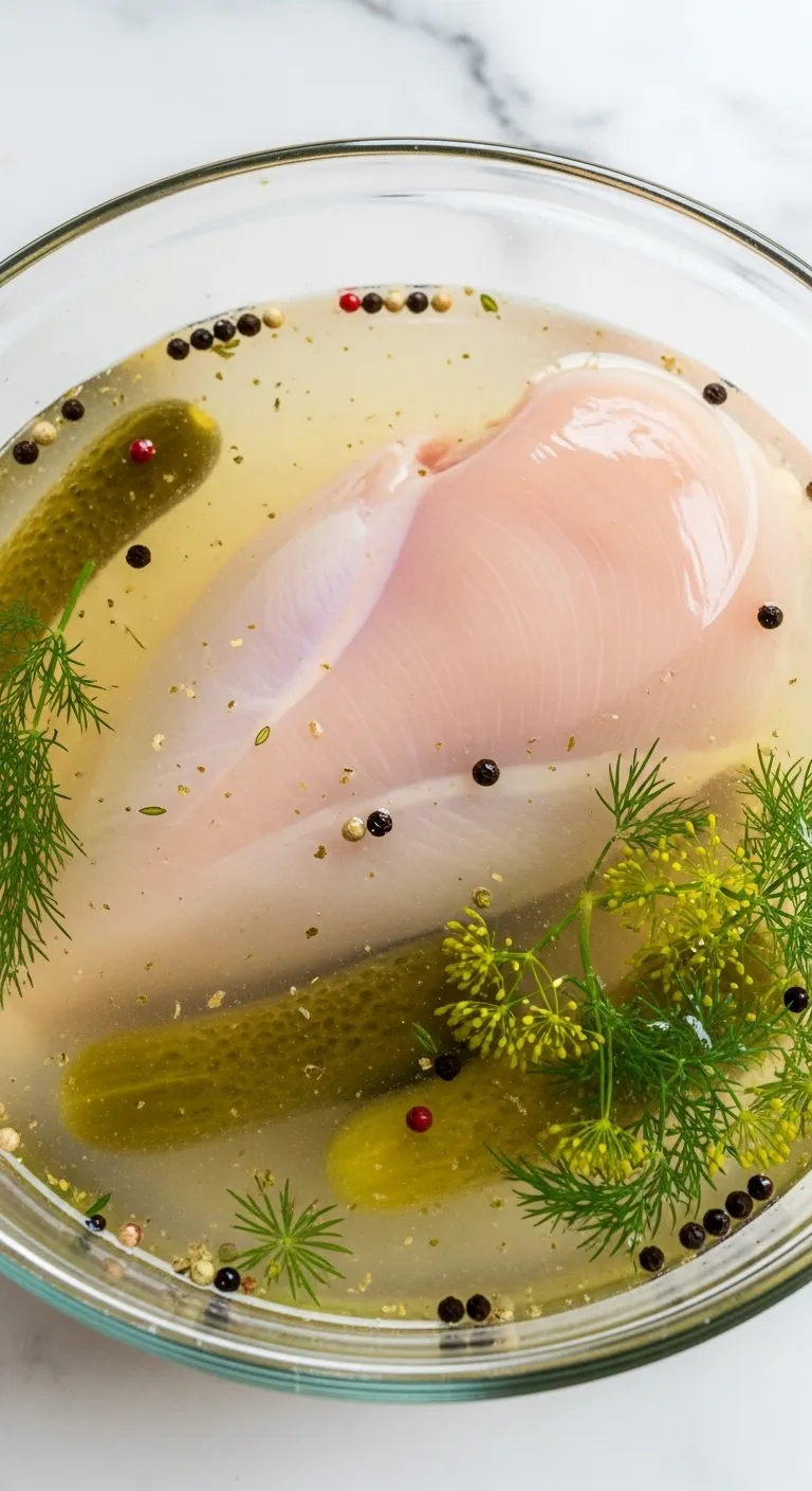 Raw chicken breast marinating in dill pickle juice brine with spices in a glass bowl