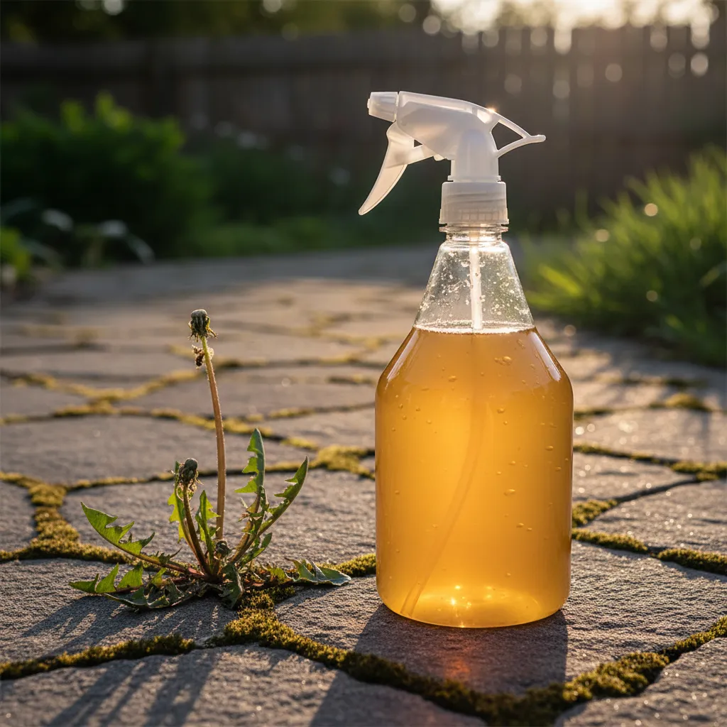 Amber pickle juice in a spray bottle on a garden path used as natural weed killer