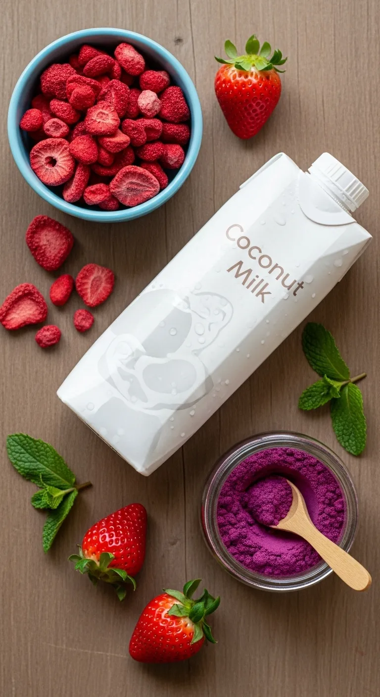 Ingredients for making a strawberry acai pink drink at home.