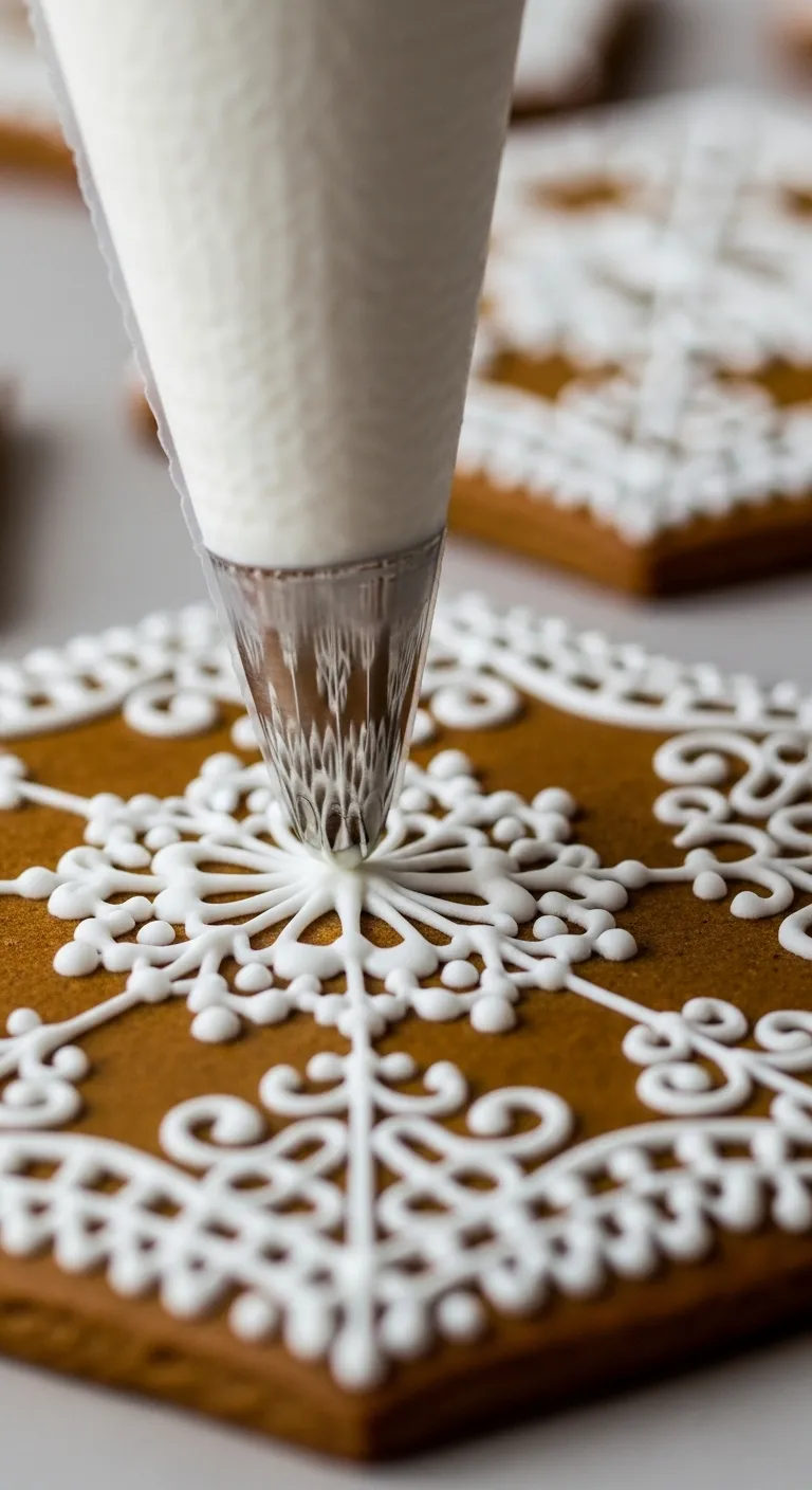 Pastry bag piping white royal icing details onto a gingerbread cookie