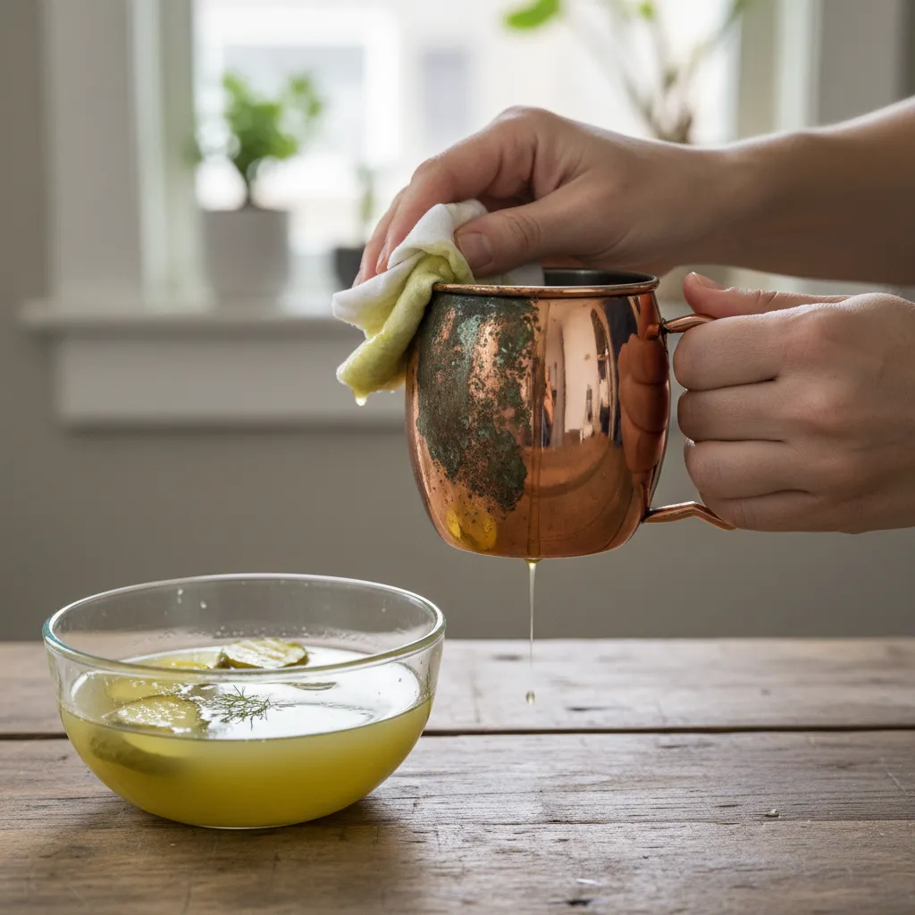 Half polished copper mug showing the cleaning power of pickle juice